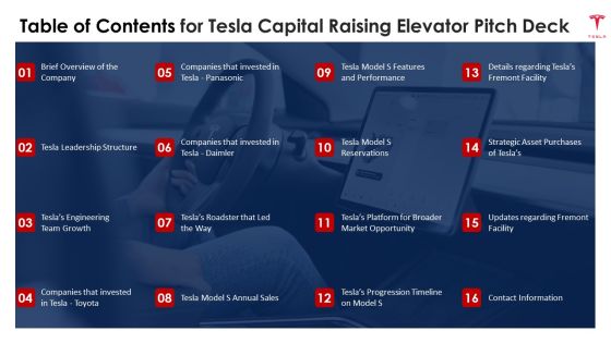Table Of Contents For Tesla Capital Raising Elevator Pitch Deck Ppt PowerPoint Presentation Gallery Demonstration PDF Table Of Contents For Tesla Capital Raising Elevator Pitch Deck Ppt PowerPoint Presentation Gallery Demonstration PDF