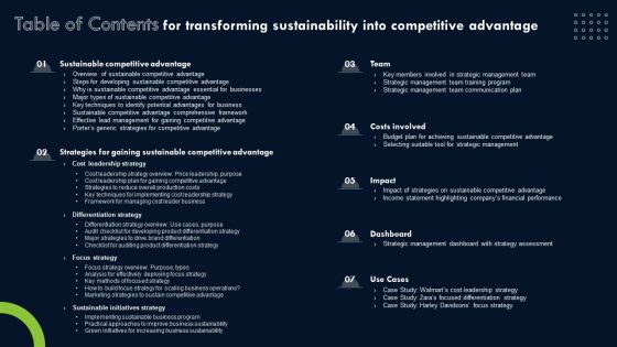 Table Of Contents For Transforming Sustainability Into Competitive Advantage Demonstration PDF Table Of Contents For Transforming Sustainability Into Competitive Advantage Demonstration PDF
