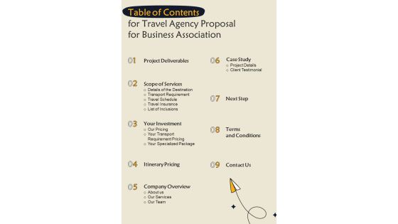 Table Of Contents For Travel Agency Proposal For Business Association One Pager Sample Example Document Table Of Contents For Travel Agency Proposal For Business Association One Pager Sample Example Document