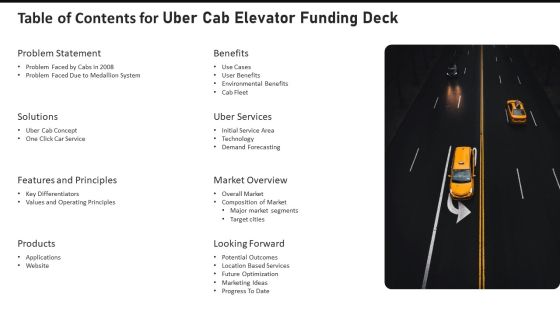Table Of Contents For Uber Cab Elevator Funding Deck Ppt Ideas Files PDF Table Of Contents For Uber Cab Elevator Funding Deck Ppt Ideas Files PDF
