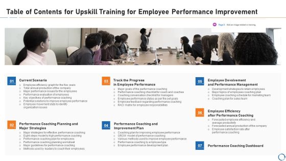 Table Of Contents For Upskill Training For Employee Performance Improvement Brochure PDF Table Of Contents For Upskill Training For Employee Performance Improvement Brochure PDF
