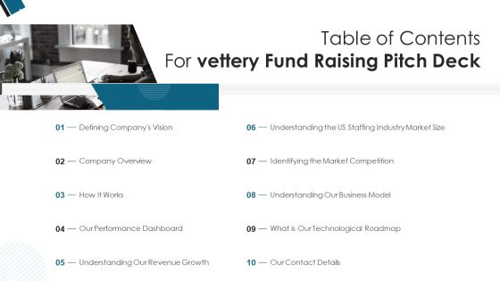 Table Of Contents For Vettery Fund Raising Pitch Deck Ppt PowerPoint Presentation Styles Influencers PDF Table Of Contents For Vettery Fund Raising Pitch Deck Ppt PowerPoint Presentation Styles Influencers PDF