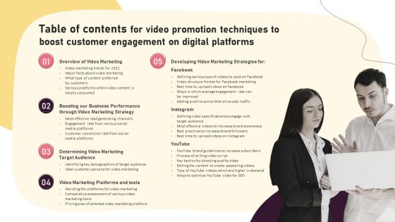 Table Of Contents For Video Promotion Techniques To Boost Customer Engagement On Digital Platforms Pictures PDF Table Of Contents For Video Promotion Techniques To Boost Customer Engagement On Digital Platforms Pictures PDF