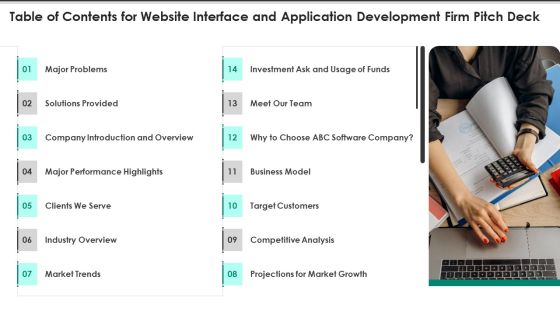 Table Of Contents For Website Interface And Application Development Firm Pitch Deck Icons PDF Table Of Contents For Website Interface And Application Development Firm Pitch Deck Icons PDF