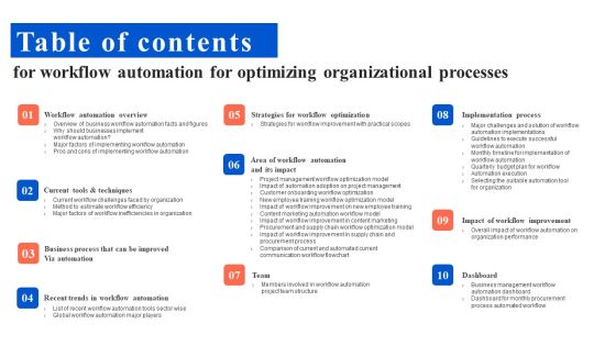 Table Of Contents For Workflow Automation For Optimizing Organizational Processes Information PDF Table Of Contents For Workflow Automation For Optimizing Organizational Processes Information PDF