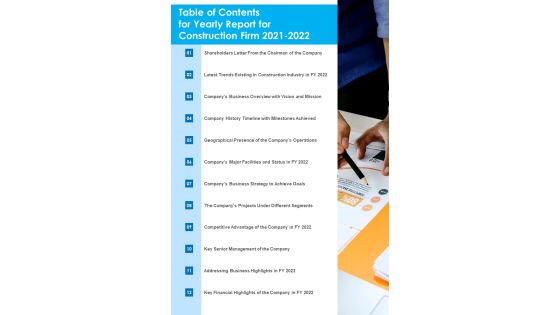 Table Of Contents For Yearly Report For Construction Firm 2021 2022 One Pager Documents Table Of Contents For Yearly Report For Construction Firm 2021 2022 One Pager Documents