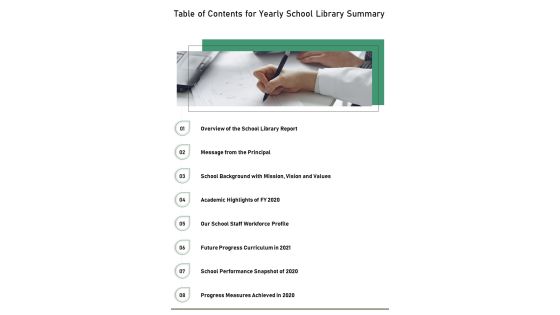 Table Of Contents For Yearly School Library Summary One Pager Documents Table Of Contents For Yearly School Library Summary One Pager Documents
