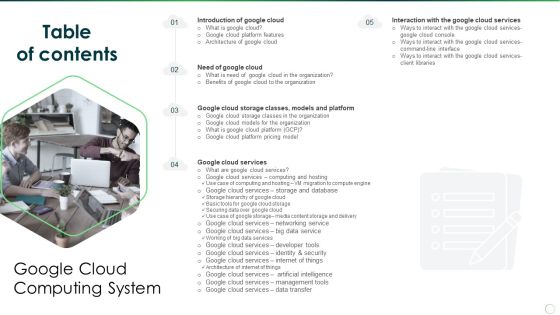 Table Of Contents Google Cloud Computing System Slides PDF Table Of Contents Google Cloud Computing System Slides PDF