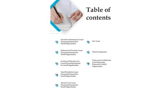 Table Of Contents Grant Financing Proposal For Small Organization One Pager Sample Example Document Table Of Contents Grant Financing Proposal For Small Organization One Pager Sample Example Document
