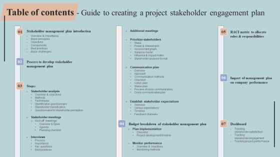 Table Of Contents Guide To Creating A Project Stakeholder Engagement Plan Professional PDF