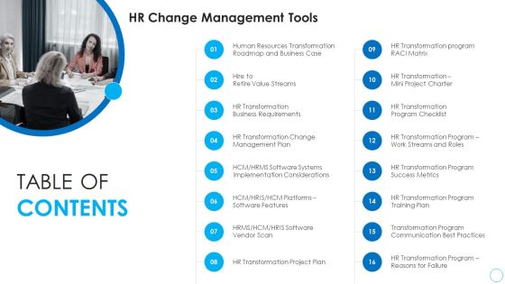 Table Of Contents HR Change Management Tools Value Introduction PDF Table Of Contents HR Change Management Tools Value Introduction PDF