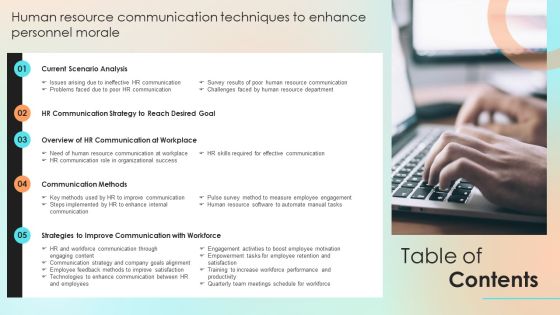 Table Of Contents Human Resource Communication Techniques To Enhance Personnel Morale Topics PDF