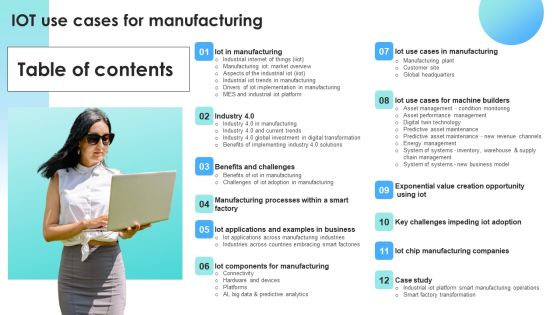 Table Of Contents IOT Use Cases For Manufacturing Professional PDF