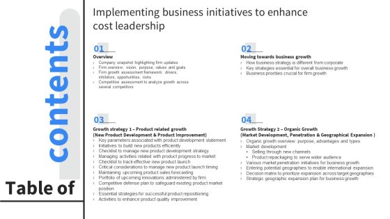 Table Of Contents Implementing Business Initiatives To Enhance Cost Leadership Demonstration PDF Table Of Contents Implementing Business Initiatives To Enhance Cost Leadership Demonstration PDF