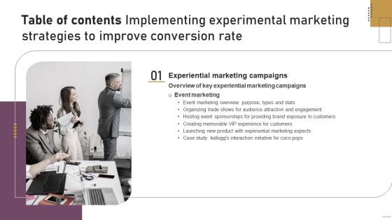 Table Of Contents Implementing Experimental Marketing Strategies To Improve Conversion Rate Slide Themes PDF