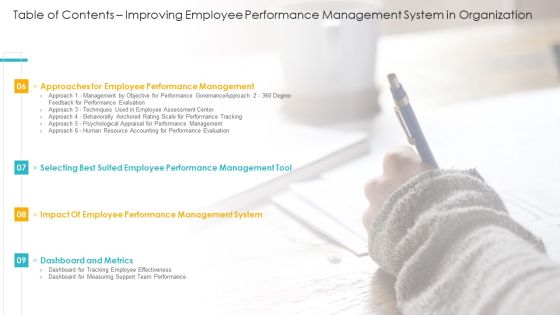 Table Of Contents Improving Employee Performance Management System In Organization Rules Brochure PDF