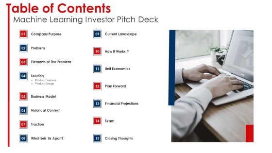 Table Of Contents Machine Learning Investor Pitch Deck Ppt Inspiration Introduction PDF Table Of Contents Machine Learning Investor Pitch Deck Ppt Inspiration Introduction PDF