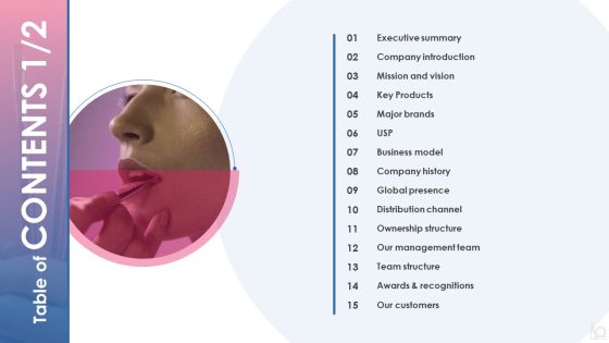 Table Of Contents Makeup And Beauty Care Products Company Profile Infographics PDF