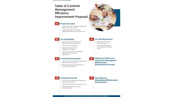 Table Of Contents Management Efficiency Improvement Proposal One Pager Sample Example Document Table Of Contents Management Efficiency Improvement Proposal One Pager Sample Example Document