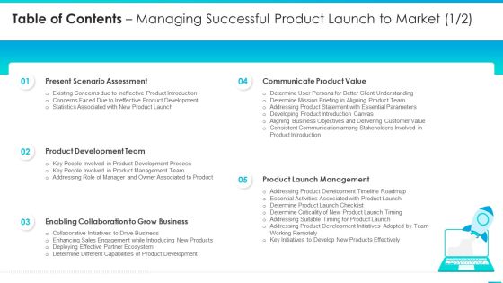 Table Of Contents Managing Successful Product Launch To Market Assessment Brochure PDF Table Of Contents Managing Successful Product Launch To Market Assessment Brochure PDF