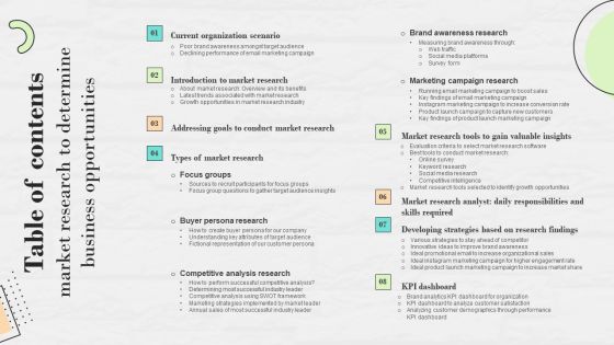 Table Of Contents Market Research To Determine Business Opportunities Brochure PDF Table Of Contents Market Research To Determine Business Opportunities Brochure PDF