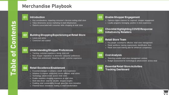Table Of Contents Merchandise Playbook Ppt PowerPoint Presentation Gallery Design Graphics PDF
