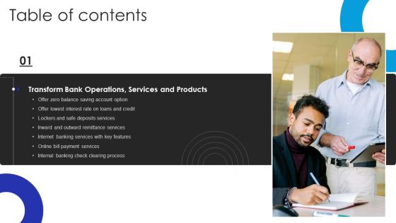 Table Of Contents Operational Innovation In Banking Sector Model Ppt Portfolio Elements PDF