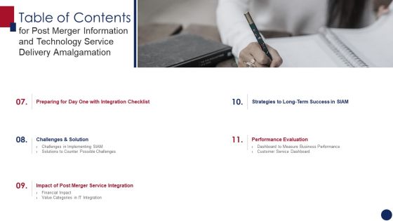Table Of Contents Post Merger Information Technology Service Delivery Amalgamation Service Graphics PDF Table Of Contents Post Merger Information Technology Service Delivery Amalgamation Service Graphics PDF