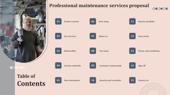 Table Of Contents Professional Maintenance Services Proposal Formats PDF Table Of Contents Professional Maintenance Services Proposal Formats PDF