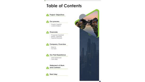 Table Of Contents Property Funding Proposal Presentation One Pager Sample Example Document Table Of Contents Property Funding Proposal Presentation One Pager Sample Example Document
