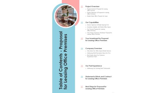 Table Of Contents Proposal For Leasing Office Premises One Pager Sample Example Document Table Of Contents Proposal For Leasing Office Premises One Pager Sample Example Document