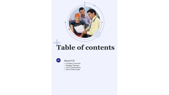 Table Of Contents Proposal For Medical And Healthcare Integrated System One Pager Sample Example Document Table Of Contents Proposal For Medical And Healthcare Integrated System One Pager Sample Example Document