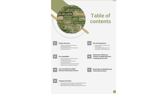 Table Of Contents Proposal For Mold Removal Contractual Services One Pager Sample Example Document Table Of Contents Proposal For Mold Removal Contractual Services One Pager Sample Example Document