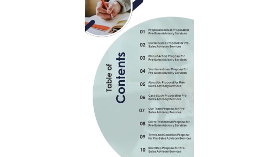 Table Of Contents Proposal For Pre Sales Advisory Services One Pager Sample Example Document Table Of Contents Proposal For Pre Sales Advisory Services One Pager Sample Example Document