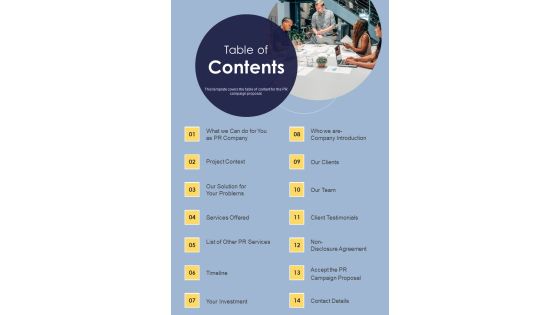 Table Of Contents Proposal Public Relations Promotional Services One Pager Sample Example Document Table Of Contents Proposal Public Relations Promotional Services One Pager Sample Example Document