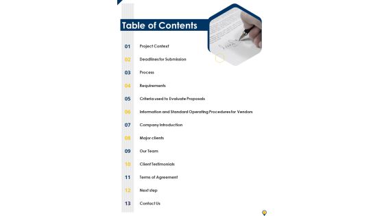 Table Of Contents Recreational Event Proposal One Pager Sample Example Document Table Of Contents Recreational Event Proposal One Pager Sample Example Document