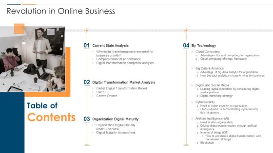 Table Of Contents Revolution In Online Business Wd Ppt PowerPoint Presentation Gallery Show PDF Table Of Contents Revolution In Online Business Wd Ppt PowerPoint Presentation Gallery Show PDF