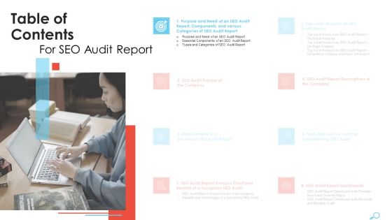Table Of Contents SEO Audit Report To Enhance Organic Search And Website Sessions Slide Themes PDF