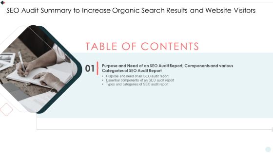 Table Of Contents SEO Audit Summary To Increase Organic Search Results And Website Visitors Mockup PDF Table Of Contents SEO Audit Summary To Increase Organic Search Results And Website Visitors Mockup PDF