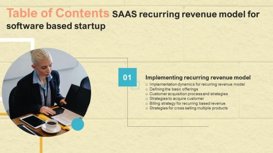Table Of Contents Saas Recurring Revenue Model For Software Based Startup Slides PDF Table Of Contents Saas Recurring Revenue Model For Software Based Startup Slides PDF