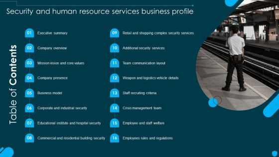 Table Of Contents Security And Human Resource Services Business Profile Slides PDF Table Of Contents Security And Human Resource Services Business Profile Slides PDF
