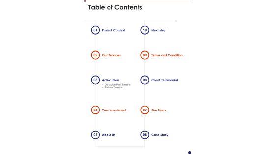 Table Of Contents Security And Safety System Proposal One Pager Sample Example Document Table Of Contents Security And Safety System Proposal One Pager Sample Example Document