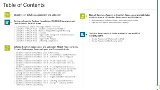 Table Of Contents Solution Evaluation Validation Meet Organizational Needs Designs PDF Table Of Contents Solution Evaluation Validation Meet Organizational Needs Designs PDF