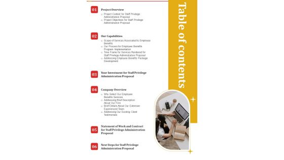 Table Of Contents Staff Privilege Administration Proposal One Pager Sample Example Document