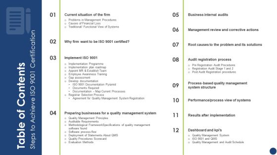 Table Of Contents Steps To Achieve ISO 9001 Certification Guidelines PDF