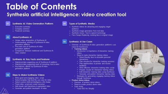Table Of Contents Synthesia Artificial Intelligence Video Creation Tool Brochure PDF Table Of Contents Synthesia Artificial Intelligence Video Creation Tool Brochure PDF