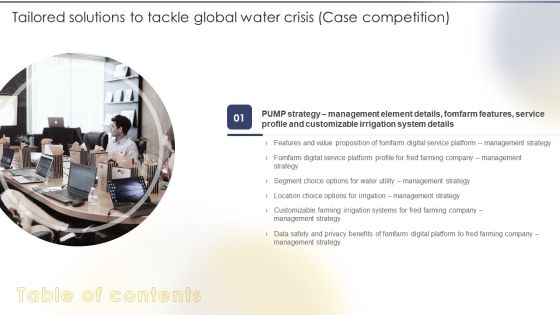 Table Of Contents Tailored Solutions To Tackle Global Water Crisis Case Competition Slide Formats PDF Table Of Contents Tailored Solutions To Tackle Global Water Crisis Case Competition Slide Formats PDF