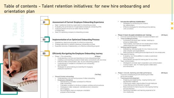 Table Of Contents Talent Retention Initiatives For New Hire Onboarding And Orientation Plan Inspiration PDF