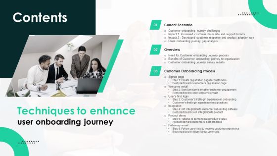 Table Of Contents Techniques To Enhance User Onboarding Journey Infographics PDF Table Of Contents Techniques To Enhance User Onboarding Journey Infographics PDF
