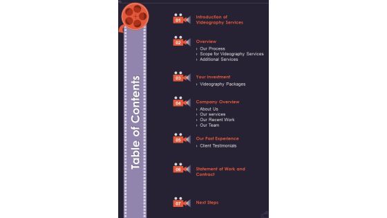 Table Of Contents Video Production Service Proposal One Pager Sample Example Document Table Of Contents Video Production Service Proposal One Pager Sample Example Document